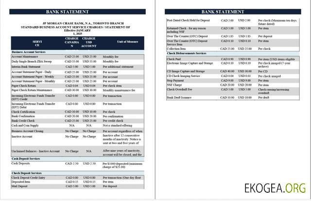 États Unis JPMorgan Chase Bank Relevé Modèle Word et PDF, 2 pages